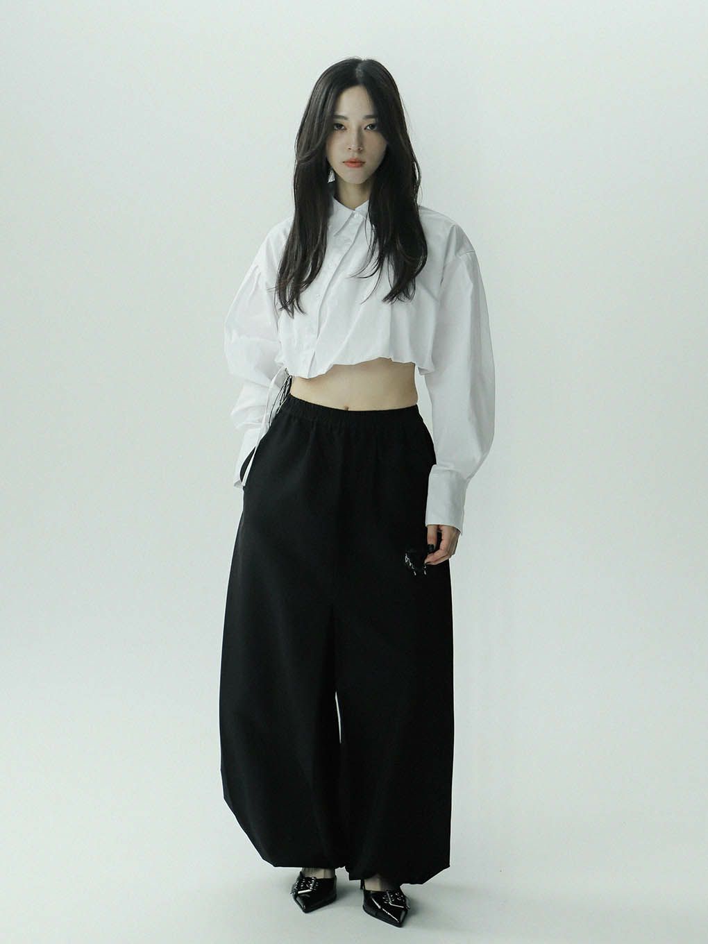 string tuck cropped blouse